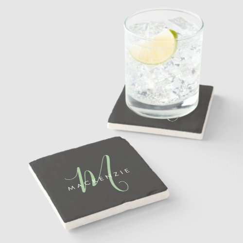 Elegant Modern Black Green Script Monogram Stone Coaster