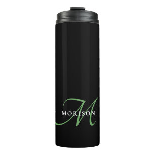 Elegant Modern Black Green Script Monogram Thermal Tumbler