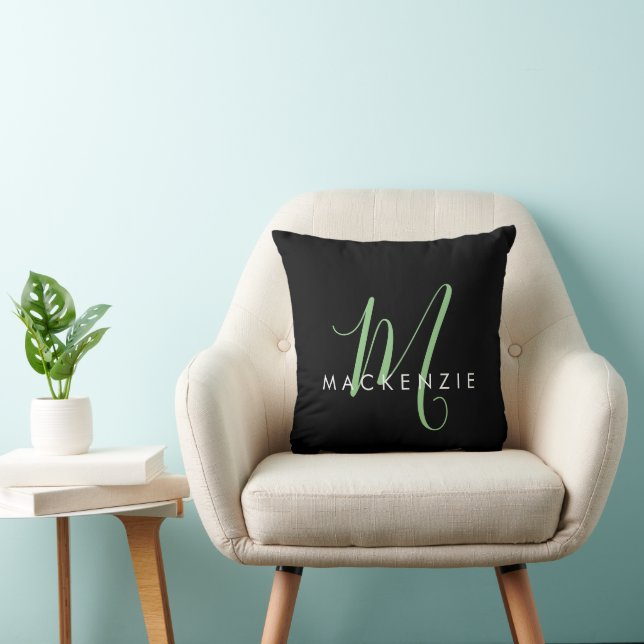 Elegant Modern Black Green Script Monogram Throw Pillow (Chair)
