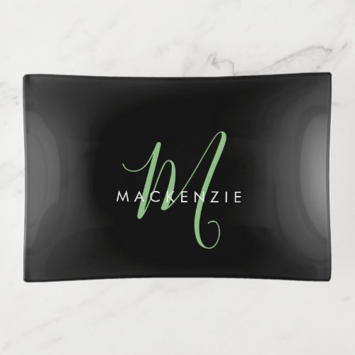 Elegant Modern Black Green Script Monogram Trinket Tray