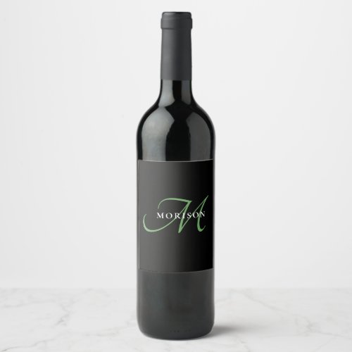 Elegant Modern Black Green Script Monogram Wine Label