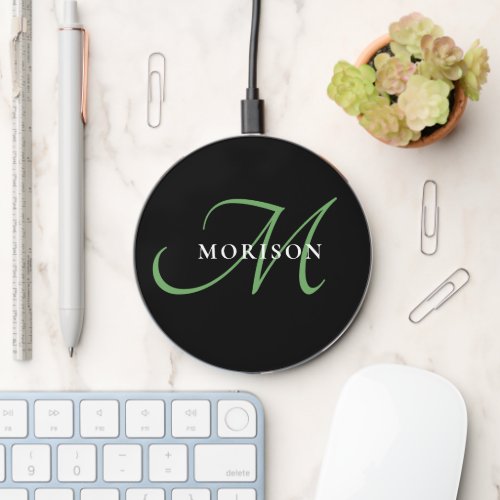 Elegant Modern Black Green Script Monogram Wireless Charger