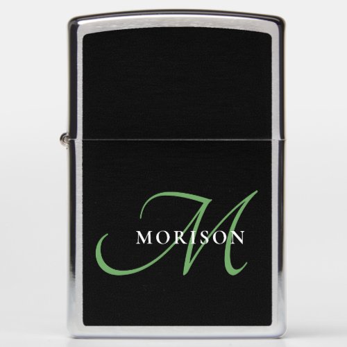 Elegant Modern Black Green Script Monogram Zippo Lighter
