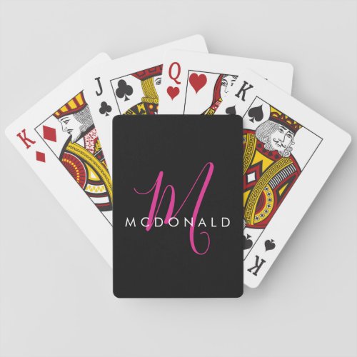 Elegant Modern Black Hot Pink Script Monogram Poker Cards