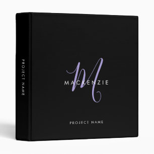Elegant Modern Black Lavender Script Monogram 3 Ring Binder