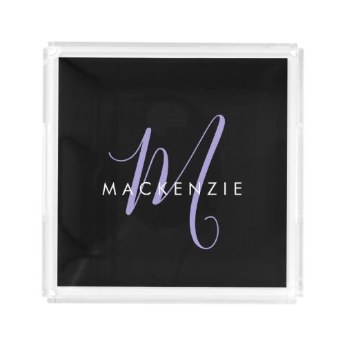 Elegant Modern Black Lavender Script Monogram Acrylic Tray