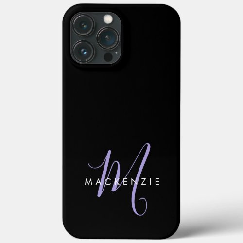 Elegant Modern Black Lavender Script Monogram iPhone 13 Pro Max Case