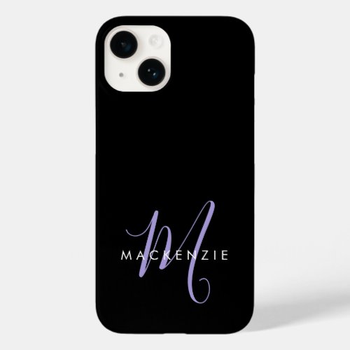 Elegant Modern Black Lavender Script Monogram Case_Mate iPhone 14 Case