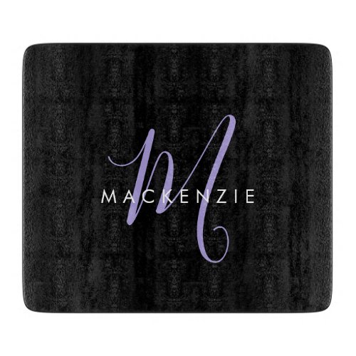 Elegant Modern Black Lavender Script Monogram Cutting Board