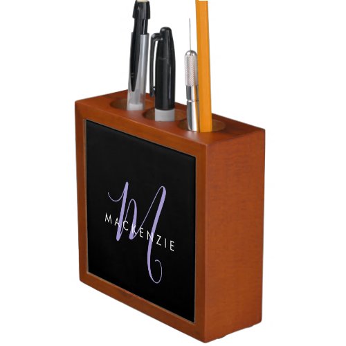 Elegant Modern Black Lavender Script Monogram Desk Organizer