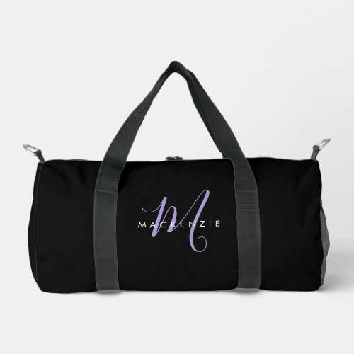 Elegant Modern Black Lavender Script Monogram Duffle Bag