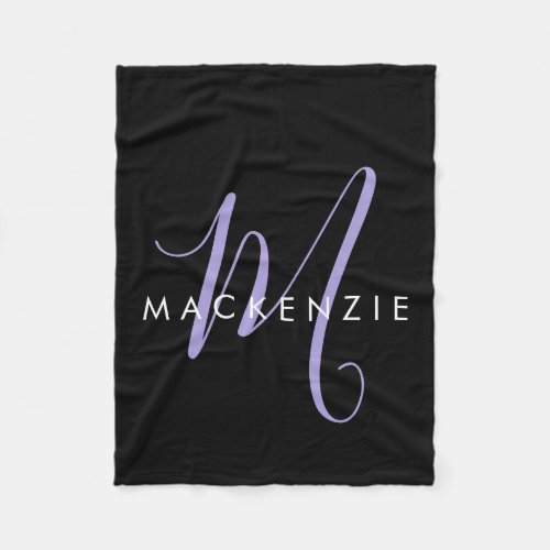 Elegant Modern Black Lavender Script Monogram Fleece Blanket