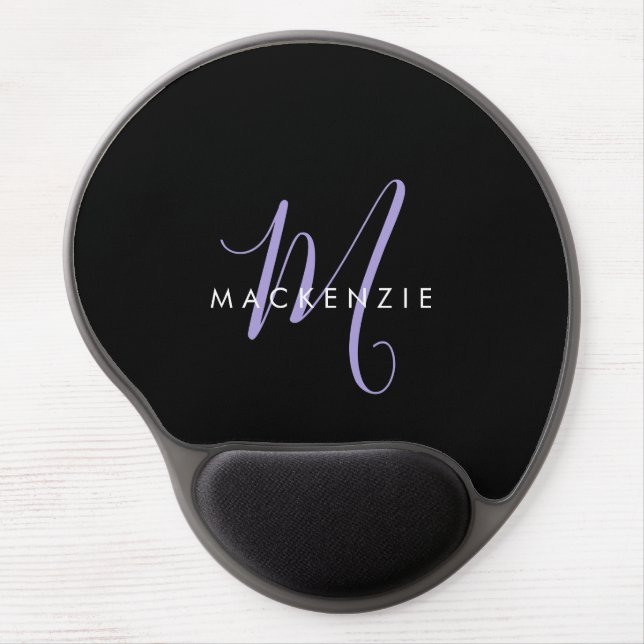 Elegant Modern Black Lavender Script Monogram Gel Mouse Pad (Front)