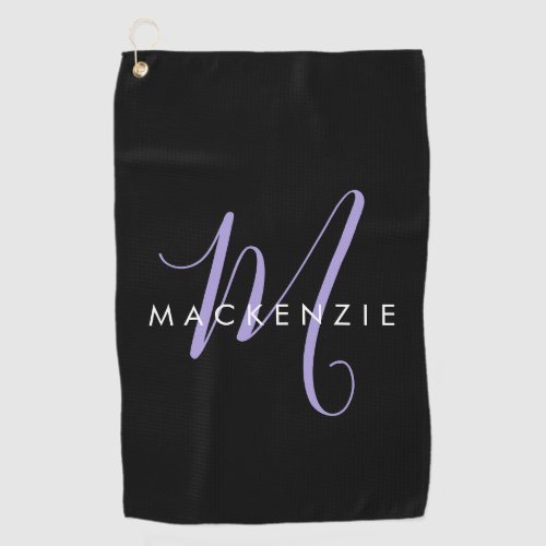Elegant Modern Black Lavender Script Monogram Golf Towel