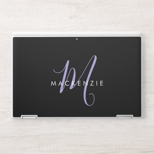 Elegant Modern Black Lavender Script Monogram HP Laptop Skin (Front)