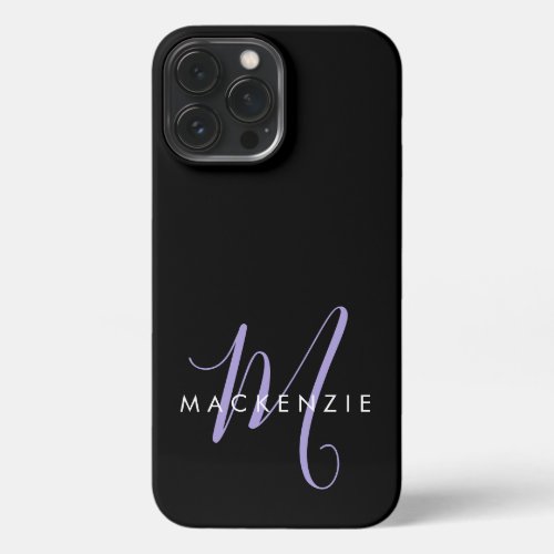 Elegant Modern Black Lavender Script Monogram iPhone 13 Pro Max Case