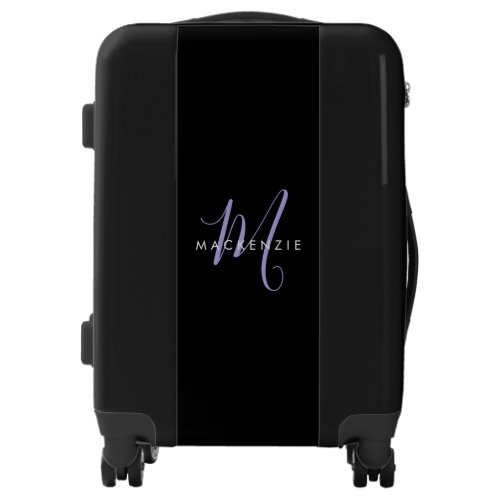 Elegant Modern Black Lavender Script Monogram Luggage