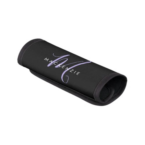 Elegant Modern Black Lavender Script Monogram Luggage Handle Wrap