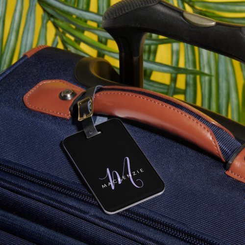 Elegant Modern Black Lavender Script Monogram Luggage Tag