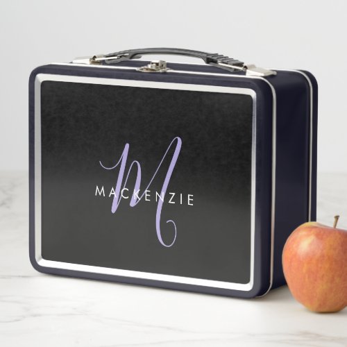 Elegant Modern Black Lavender Script Monogram Metal Lunch Box