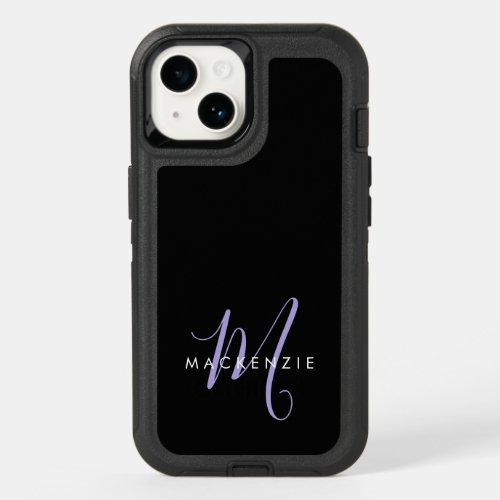 Elegant Modern Black Lavender Script Monogram OtterBox iPhone 14 Case