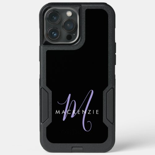 Elegant Modern Black Lavender Script Monogram iPhone 13 Pro Max Case