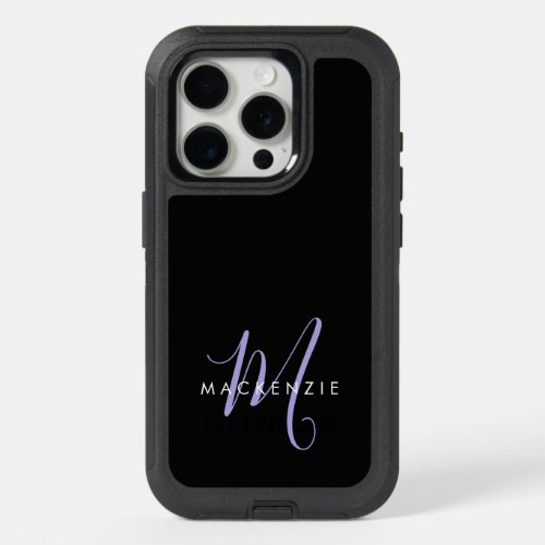 Elegant Modern Black Lavender Script Monogram iPhone 15 Pro Case