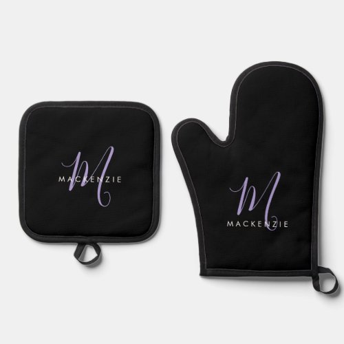 Elegant Modern Black Lavender Script Monogram Oven Mitt  Pot Holder Set