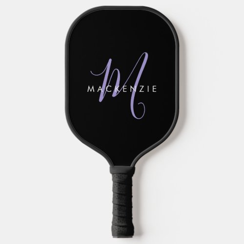 Elegant Modern Black Lavender Script Monogram Pickleball Paddle