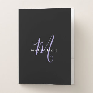 Elegant Modern Black Lavender Script Monogram Pocket Folder