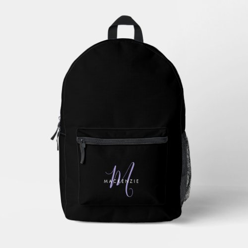 Elegant Modern Black Lavender Script Monogram Printed Backpack