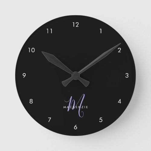 Elegant Modern Black Lavender Script Monogram Round Clock