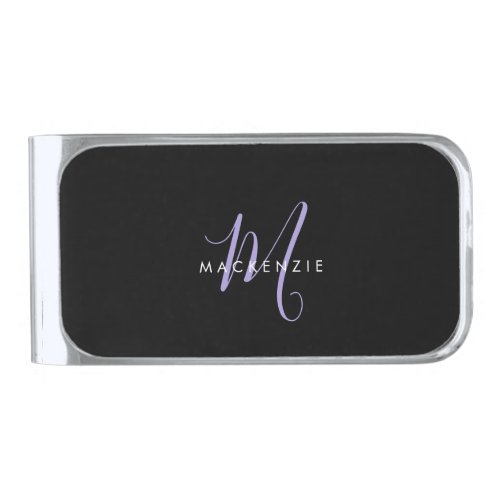 Elegant Modern Black Lavender Script Monogram Silver Finish Money Clip