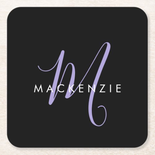 Elegant Modern Black Lavender Script Monogram Square Paper Coaster