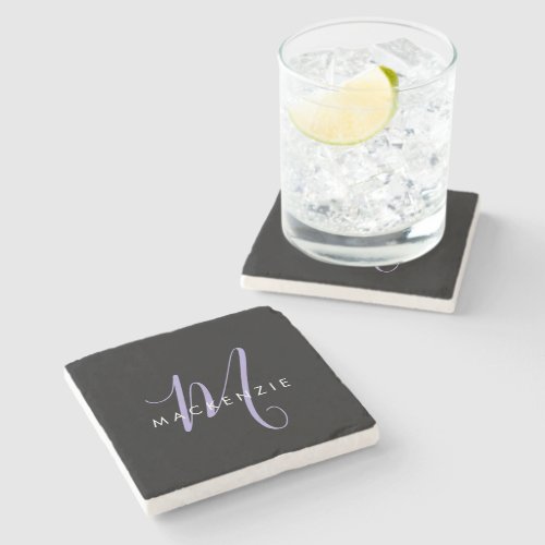 Elegant Modern Black Lavender Script Monogram Stone Coaster