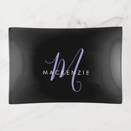 Elegant Modern Black Lavender Script Monogram Trinket Tray