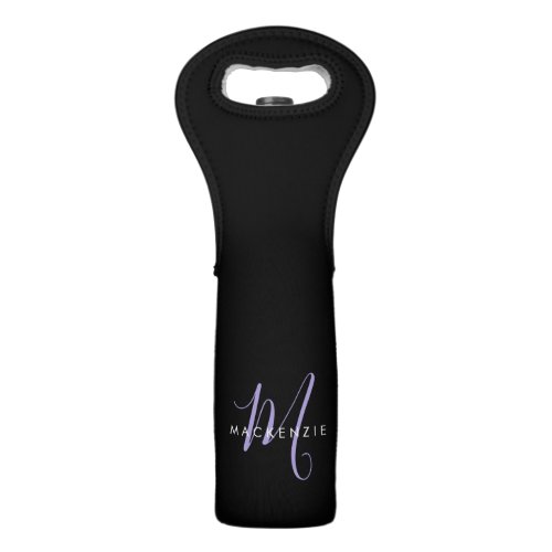 Elegant Modern Black Lavender Script Monogram Wine Bag