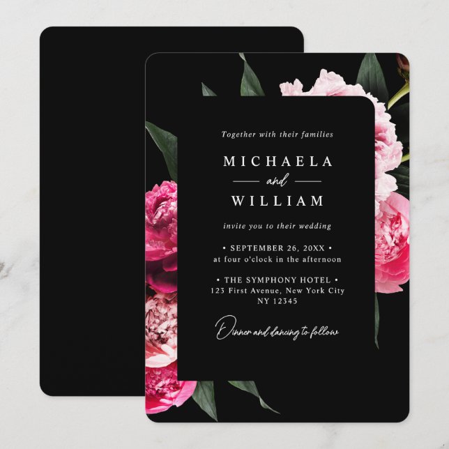 Elegant Modern Black Luxury Floral Wedding Invitation (Front/Back)