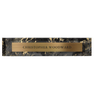 Elegant Modern Black Marble Brushed Gold Foil Desk Name Plate