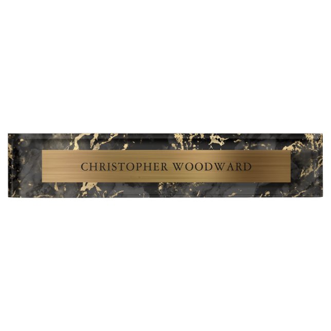 Elegant Modern Black Marble Brushed Gold Foil Desk Name Plate (Front)