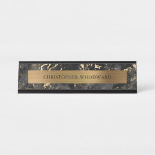 Elegant Modern Black Marble Brushed Gold Foil Desk Name Plate