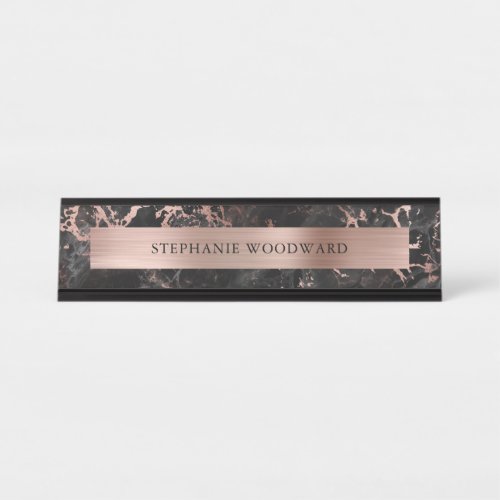 Elegant Modern Black Marble Brushed Rose Gold Foil Desk Name Plate