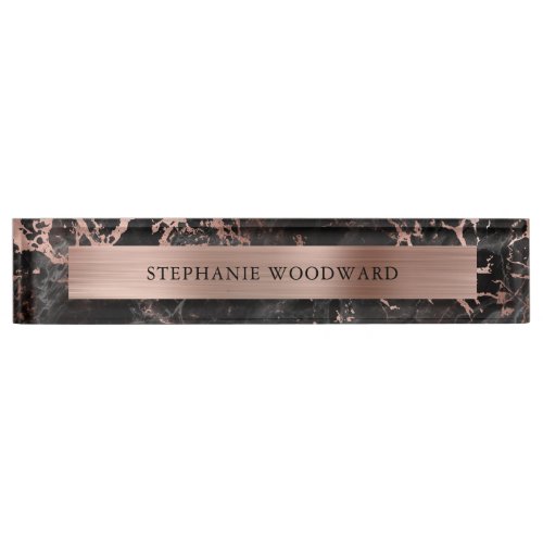 Elegant Modern Black Marble Brushed Rose Gold Foil Desk Name Plate
