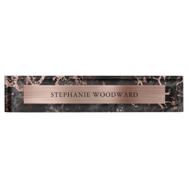 Elegant Modern Black Marble Brushed Rose Gold Foil Desk Name Plate (Front)
