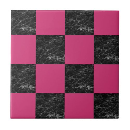 Elegant modern black marble hot pink checkered ceramic tile