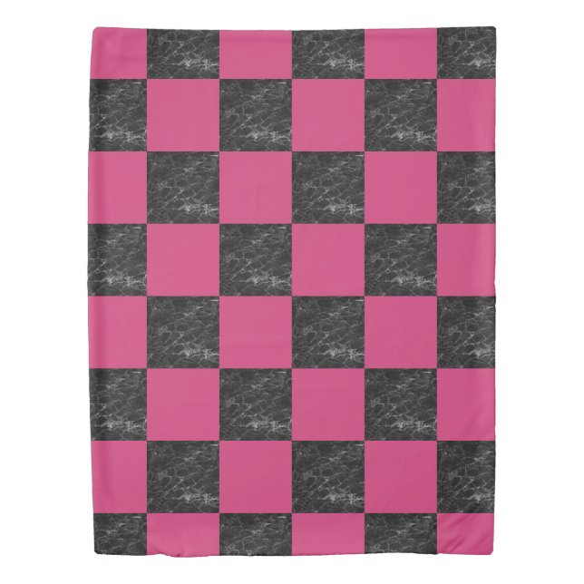 Elegant modern black marble hot pink checkered duvet cover (Front)