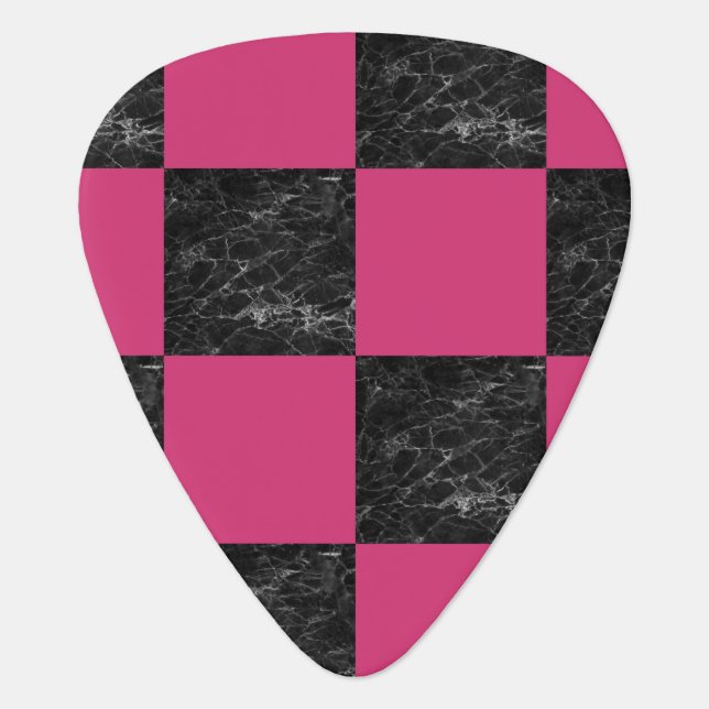 Elegant modern black marble hot pink checkered guitar pick (Front)