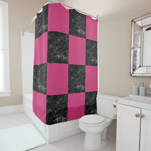 Elegant modern black marble hot pink checkered shower curtain