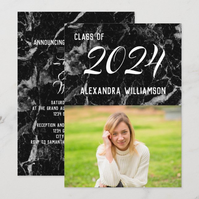 Elegant Modern Black Marble Photo Graduation Invitation (Front/Back)