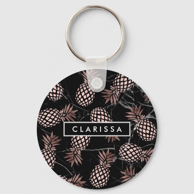 elegant modern black marble rose gold pineapple keychain (Front)